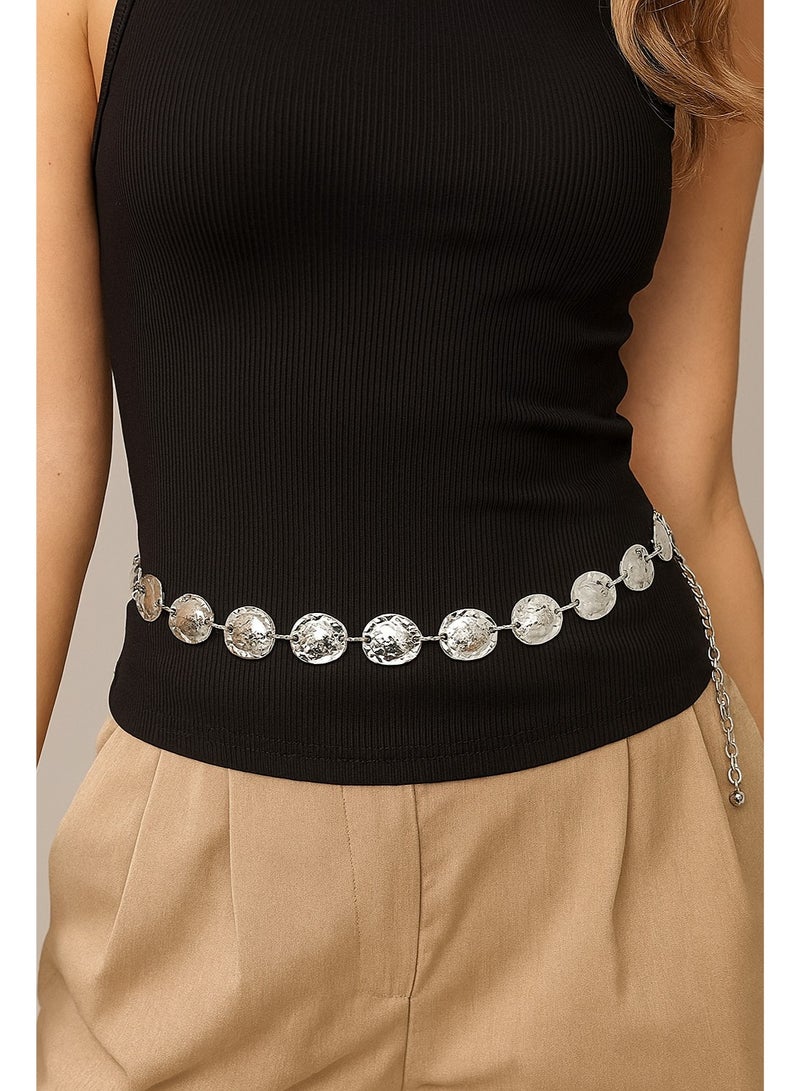 فيبراندا حزام خصر بسلسلة وأقراص معدنية منقوشة U-18-فضي - Image 1