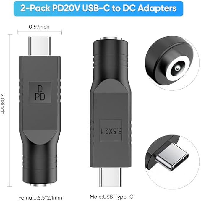 rayihni محول كابل الطاقة USB C ذكر إلى DC أنثى، محول توصيل DC 5521 إلى قابس USB نوع C، محول شاحن الطاقة DC إلى نوع C لجهاز ThinkPad MacBook Chromebook Nintendo Switch (2 قطع) - Image 2
