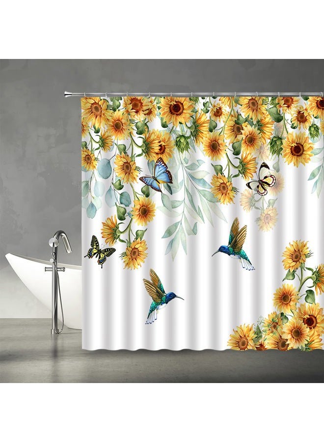 ABONAN Sunflower Hummingbird Shower Curtain Rustic Watercolor Yellow Flower Butterfly Country Farmhouse Vintage Fabric Bathroom Curtains Decor Set with Hook(70" WX70 H) - Image 2