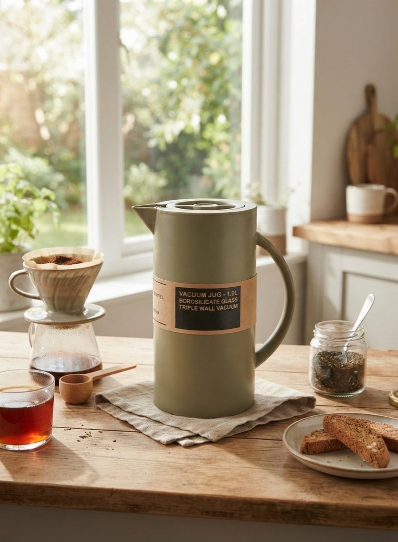 GAZELLA Plastic Tea/Coffee Flask 1 Liter Green, Borosilicate Glass & Triple Wall Vacuum. - Image 1