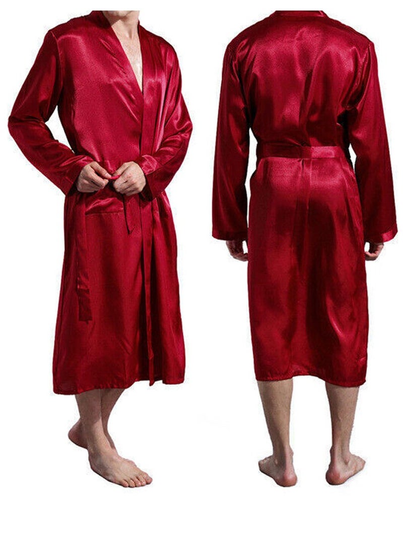 MARGOUN Men's Dressing Gown Kimono Robe Lightweight Silk Long Sleeved Home Sleepwear Loungewear Red XXL(Length 50''/Chest 27'') - Image 3