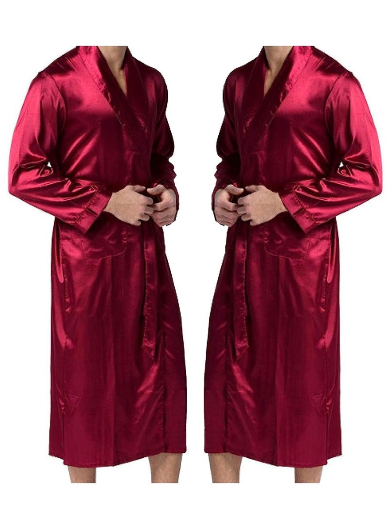 MARGOUN Men's Dressing Gown Kimono Robe Lightweight Silk Long Sleeved Home Sleepwear Loungewear Red XXL(Length 50''/Chest 27'') - Image 4