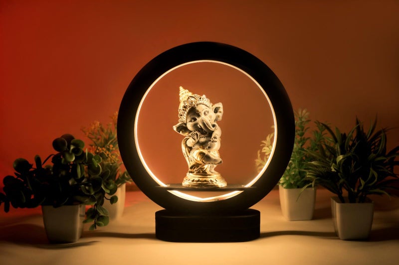 AASHRIT Decorative Lord Ganesha Night Lamp with Circular Frame, Grey and Golden Polyresin,Lord Ganesha Idol for Home, Office, Size-28.5 x 25.5 x 7.5 cm (Bal Ganesha) - Image 1