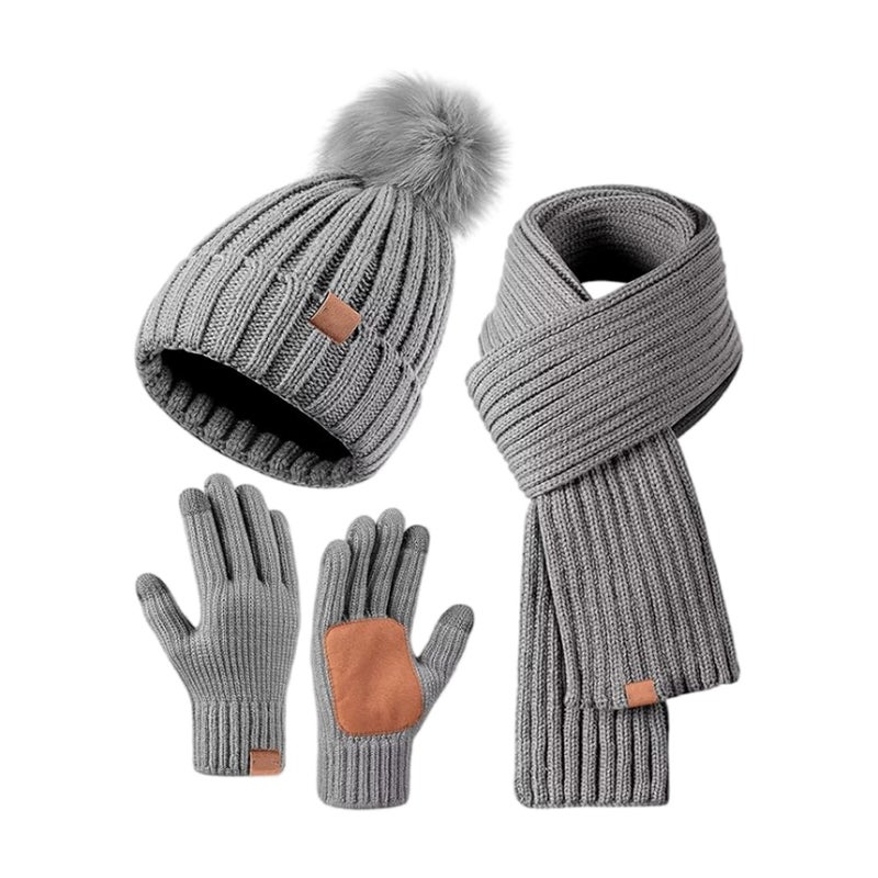 Knitted Beanie Scarf Gloves Set for Women Kids Light gray with leather palm and no logo