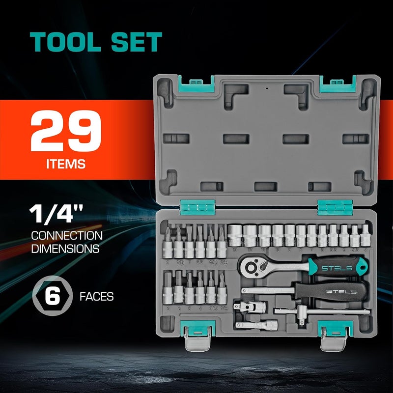 STELS 29-Piece Car Tool Kit, 1/2″ & 1/4″ Drive Socket Set with Wrenches, Professional Hand Tools in Metal Toolbox - Image 2