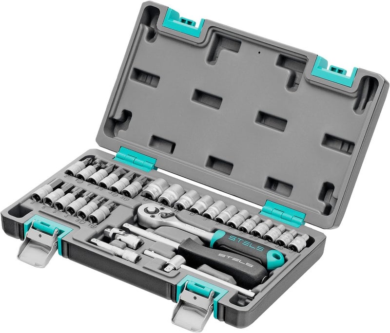 STELS 29-Piece Car Tool Kit, 1/2″ & 1/4″ Drive Socket Set with Wrenches, Professional Hand Tools in Metal Toolbox - Image 1