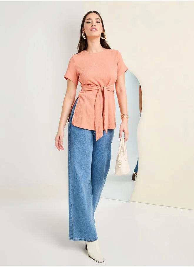ستايلي Textured Knit Longline Belted Tunic Top