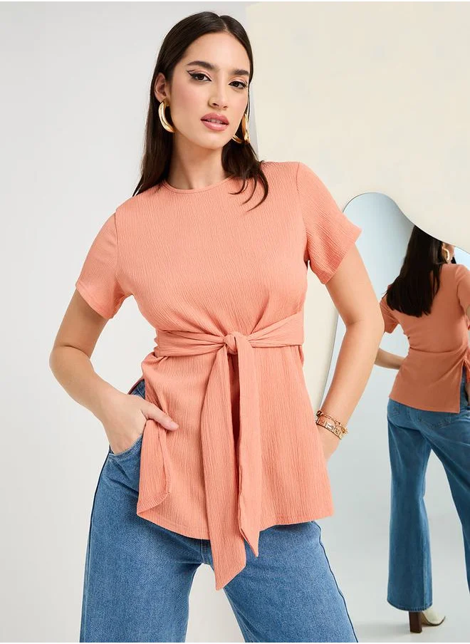 ستايلي Textured Knit Longline Belted Tunic Top