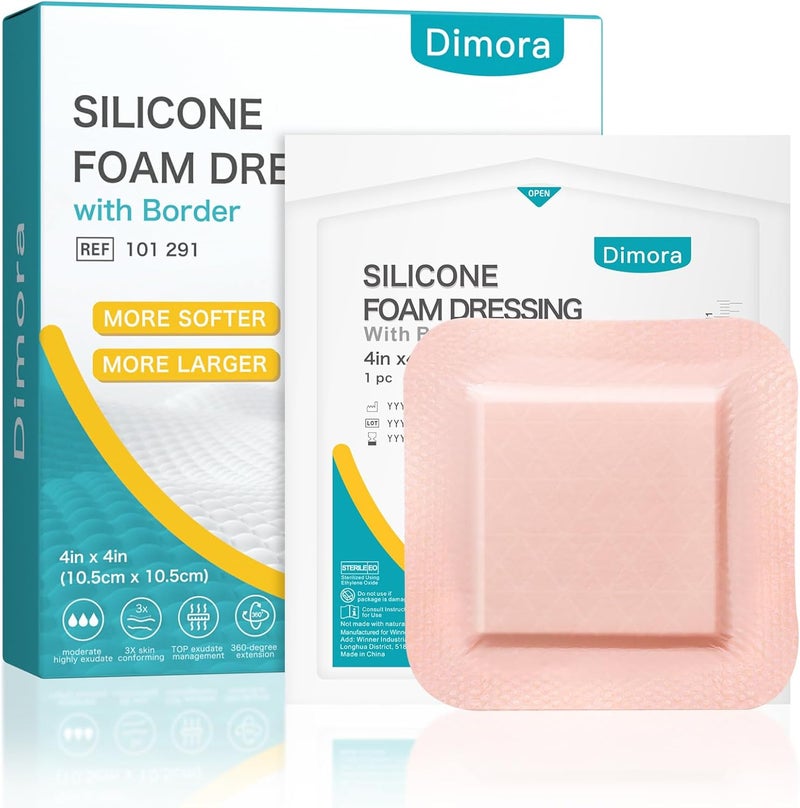Dimora Silicone Foam Dressing 4"x4"- Super Absorbency Wound Dressing with Widened Border, Ultra Soft Adhesive Foam Bandages for Bed Sores, Ulcer, Surgical Wound, FSA/HSA Eligible, 10 Pack