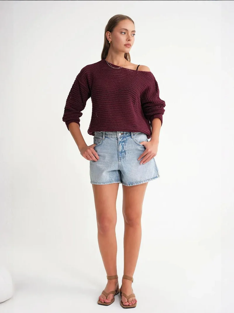 MixRay Burgundy Red Mixray Openwork Boat Neck Drop Shoulder Crop Knit Top for Women | Best Price UAE