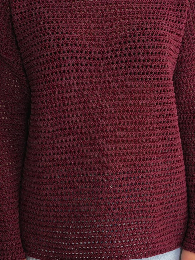 MixRay Burgundy Red Mixray Openwork Boat Neck Drop Shoulder Crop Knit Top for Women | Best Price UAE