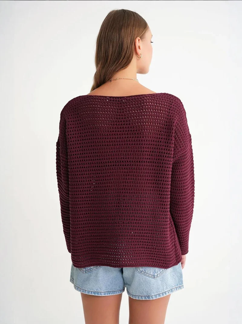 MixRay Burgundy Red Mixray Openwork Boat Neck Drop Shoulder Crop Knit Top for Women | Best Price UAE
