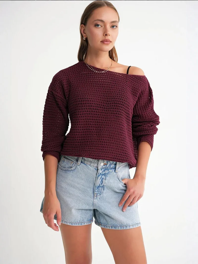 MixRay Burgundy Red Mixray Openwork Boat Neck Drop Shoulder Crop Knit Top for Women | Best Price UAE