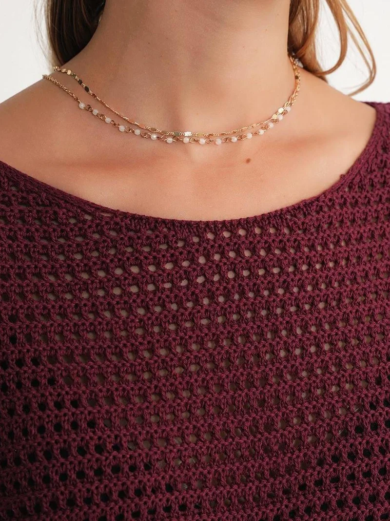 MixRay Burgundy Red Mixray Openwork Boat Neck Drop Shoulder Crop Knit Top for Women | Best Price UAE