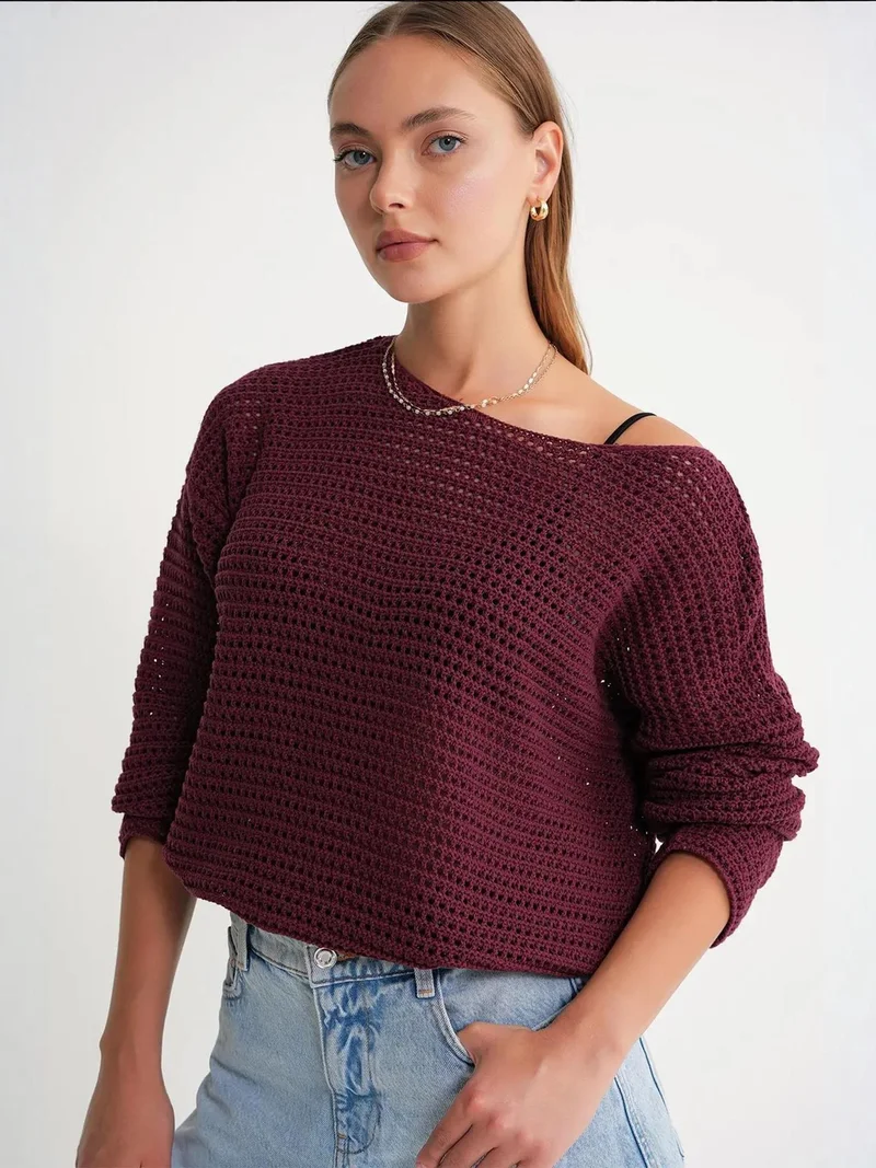 MixRay Burgundy Red Mixray Openwork Boat Neck Drop Shoulder Crop Knit Top for Women | Best Price UAE