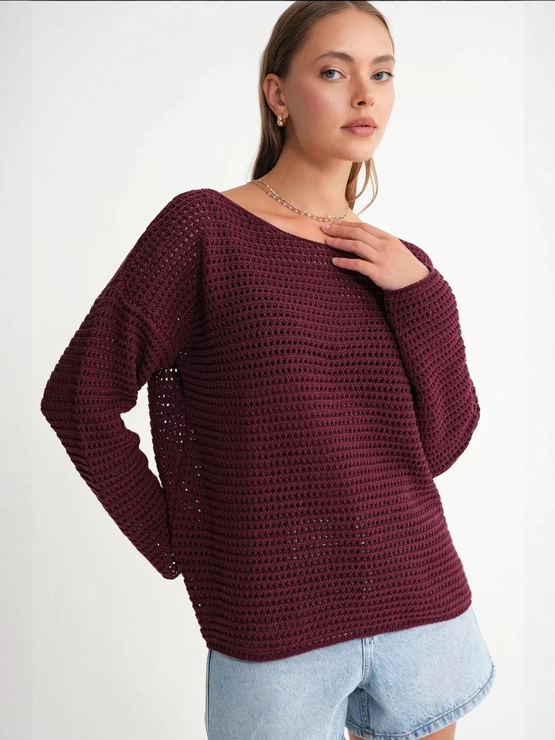MixRay Mixray Openwork Boat Neck Drop Shoulder Crop Knit Top