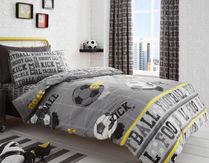 Bedlam  Football  Childrens Duvet Cover Set  Single Bed Size  Grey  Yellow Bedding