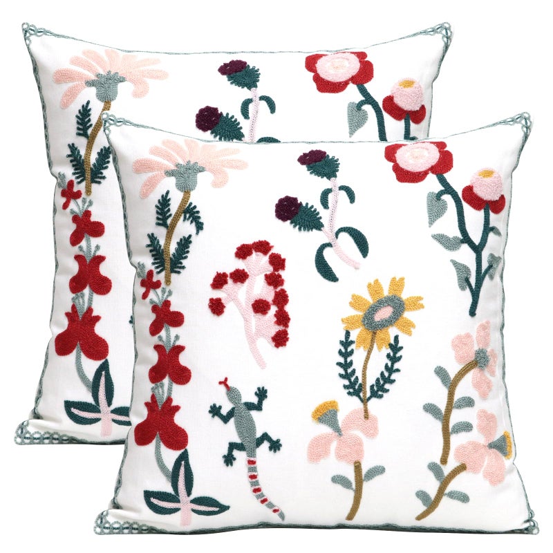 Pilmandu Pack of 2 Embroidered Decorative Throw Pillow Cover 18x18 Inch Farmhouse Floral Pillowcase for Living Room Sofa Bed (Gecko Floral) - Image 1