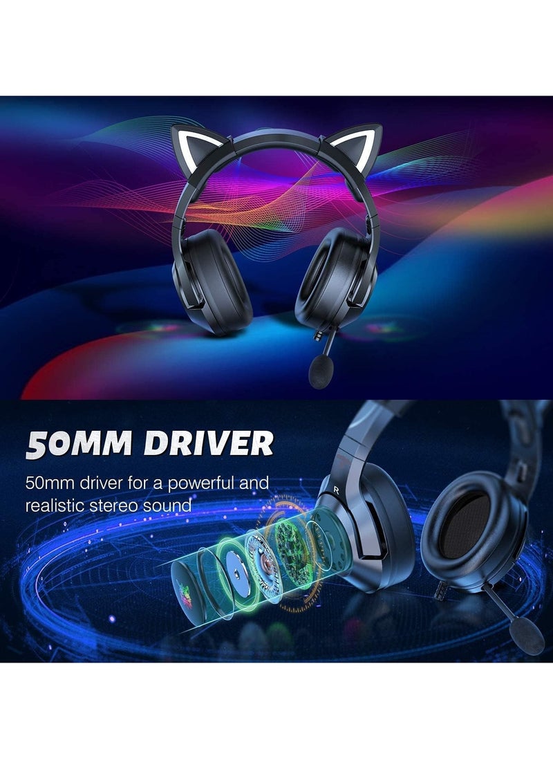 General - Gaming Headset with Removable Cat Ear, Compatible with PC PS4, PS5, Xbox One (Adapter Not Included) with Surround Sound, RGB Backlighting, and Noise-Canceling Retractable Microphone - Image 1