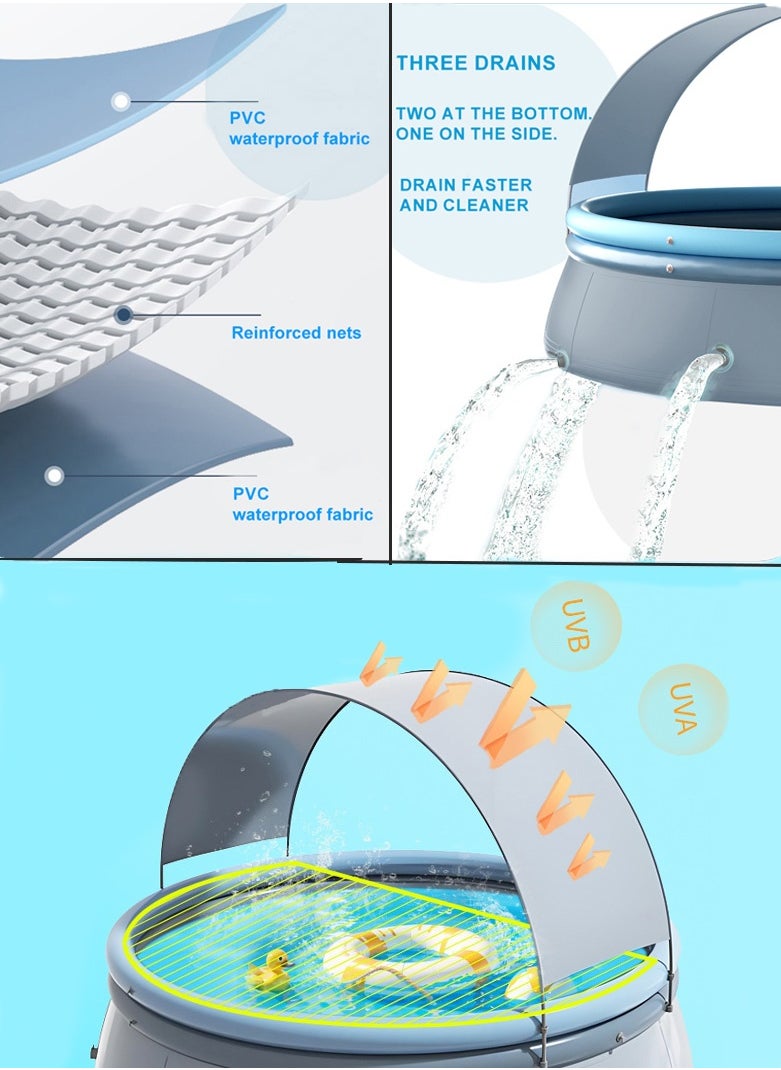 UV-Protected Inflatable Swimming Pool with Canopy,Diameter is 300cm, 2m² Shade Coverage, PVC Material,  Grey