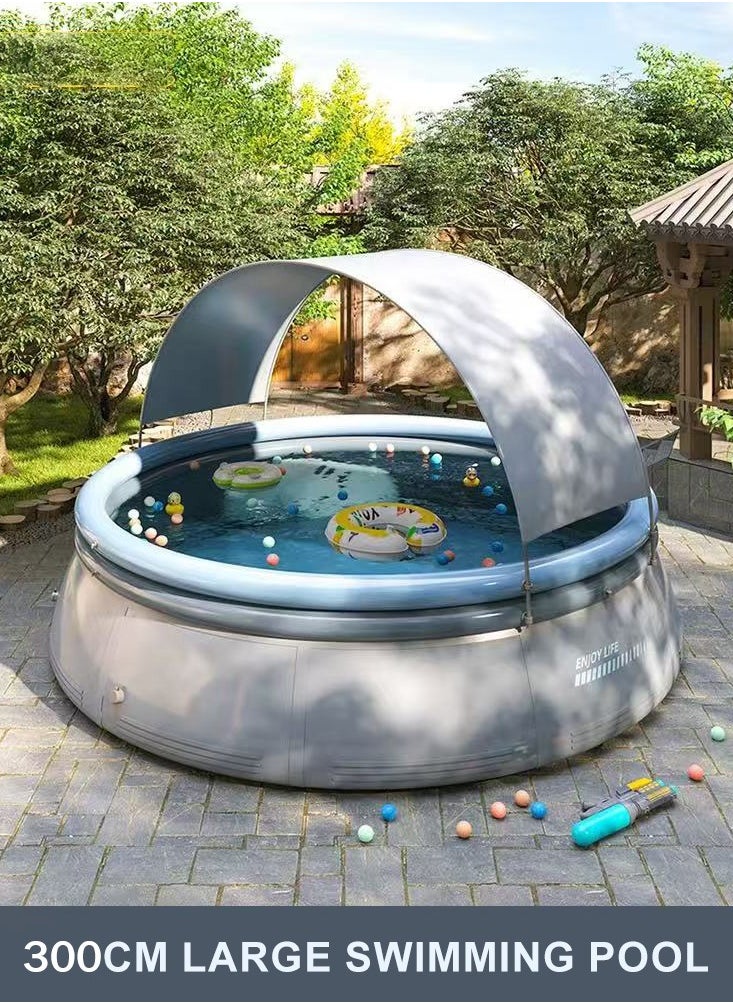 UV-Protected Inflatable Swimming Pool with Canopy,Diameter is 300cm, 2m² Shade Coverage, PVC Material,  Grey