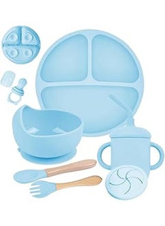 Generic Silicone Baby Feeding Set, 10 Pieces Baby Weaning Set, Bowl and Plate, 4 Pieces Spoon Fork, Cup and Lid, Bib, Silicone Weaning Set, BPA Free (Blue)  - Image 1
