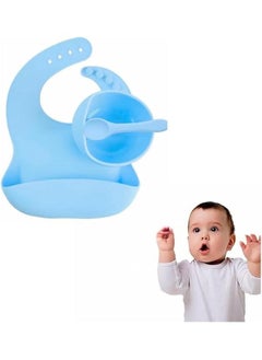 Generic Silicone Baby Feeding Set, 10 Pieces Baby Weaning Set, Bowl and Plate, 4 Pieces Spoon Fork, Cup and Lid, Bib, Silicone Weaning Set, BPA Free (Blue)  - Image 3