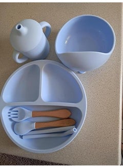 Generic Silicone Baby Feeding Set, 10 Pieces Baby Weaning Set, Bowl and Plate, 4 Pieces Spoon Fork, Cup and Lid, Bib, Silicone Weaning Set, BPA Free (Blue)  - Image 4