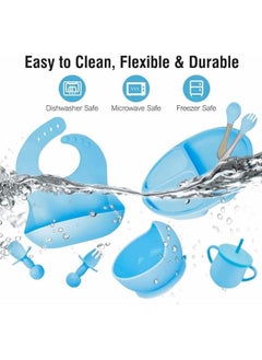 Generic Silicone Baby Feeding Set, 10 Pieces Baby Weaning Set, Bowl and Plate, 4 Pieces Spoon Fork, Cup and Lid, Bib, Silicone Weaning Set, BPA Free (Blue)  - Image 2