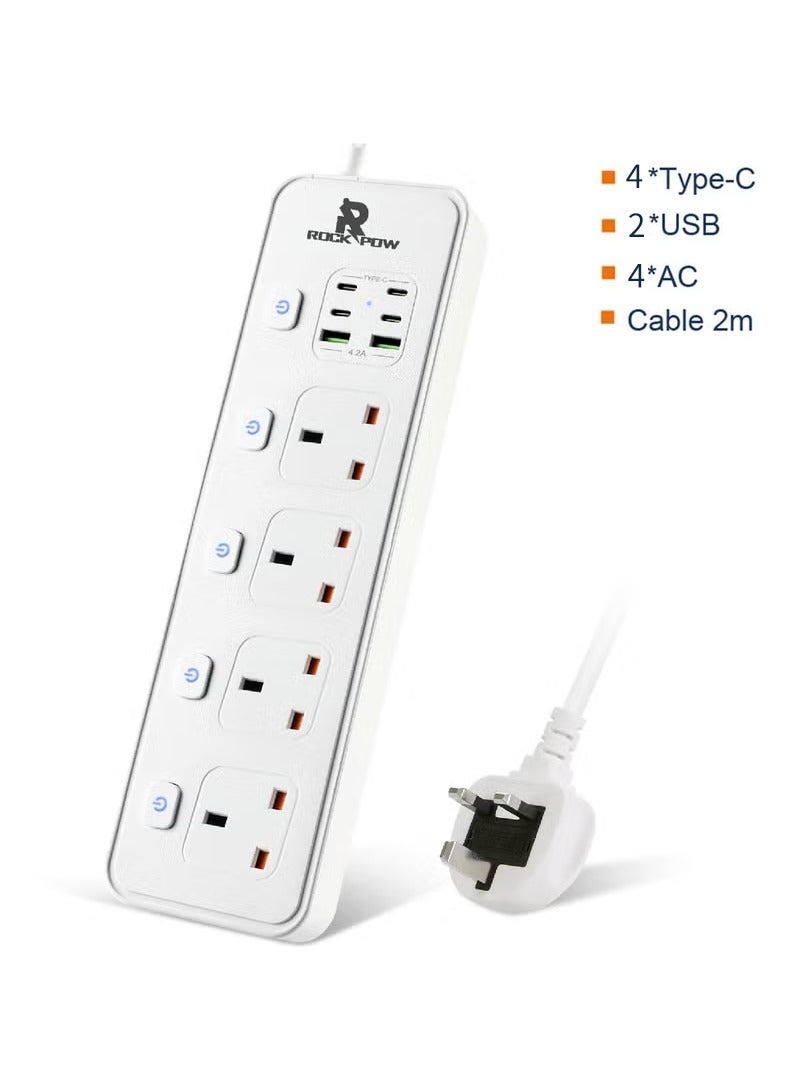 Power Strips Extension Cord 4 Sockets Universal Plug Adapter with 4 USB C & 2 USB A Ports Surge Protector Charging Socket with 1.8M Bold Extension Cord (White)