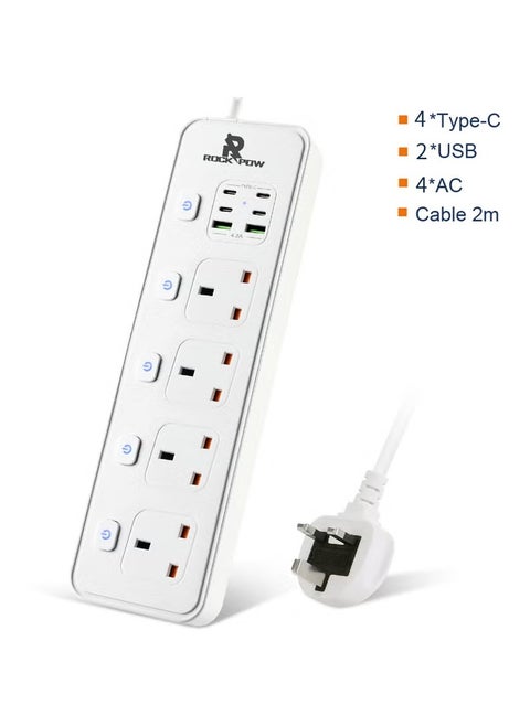 Power Strips Extension Cord 4 Sockets Universal Plug Adapter with 4 USB C & 2 USB A Ports Surge Protector Charging Socket with 1.8M Bold Extension Cord (White)