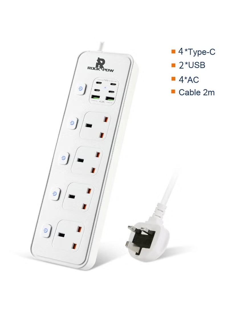 Rock Pow - Power Strips Extension Cord 4 Sockets Universal Plug Adapter with 4 USB C & 2 USB A Ports Surge Protector Charging Socket with 1.8M Bold Extension Cord (White) - Image 1