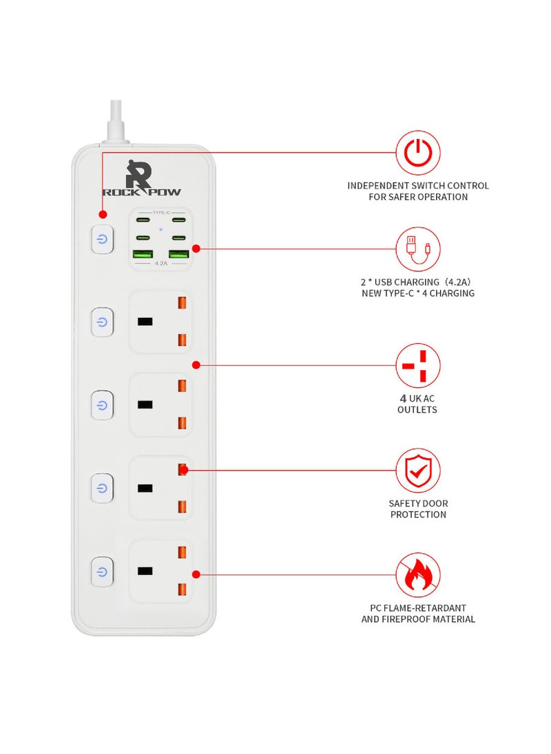 Rock Pow - Power Strips Extension Cord 4 Sockets Universal Plug Adapter with 4 USB C & 2 USB A Ports Surge Protector Charging Socket with 1.8M Bold Extension Cord (White) - Image 1