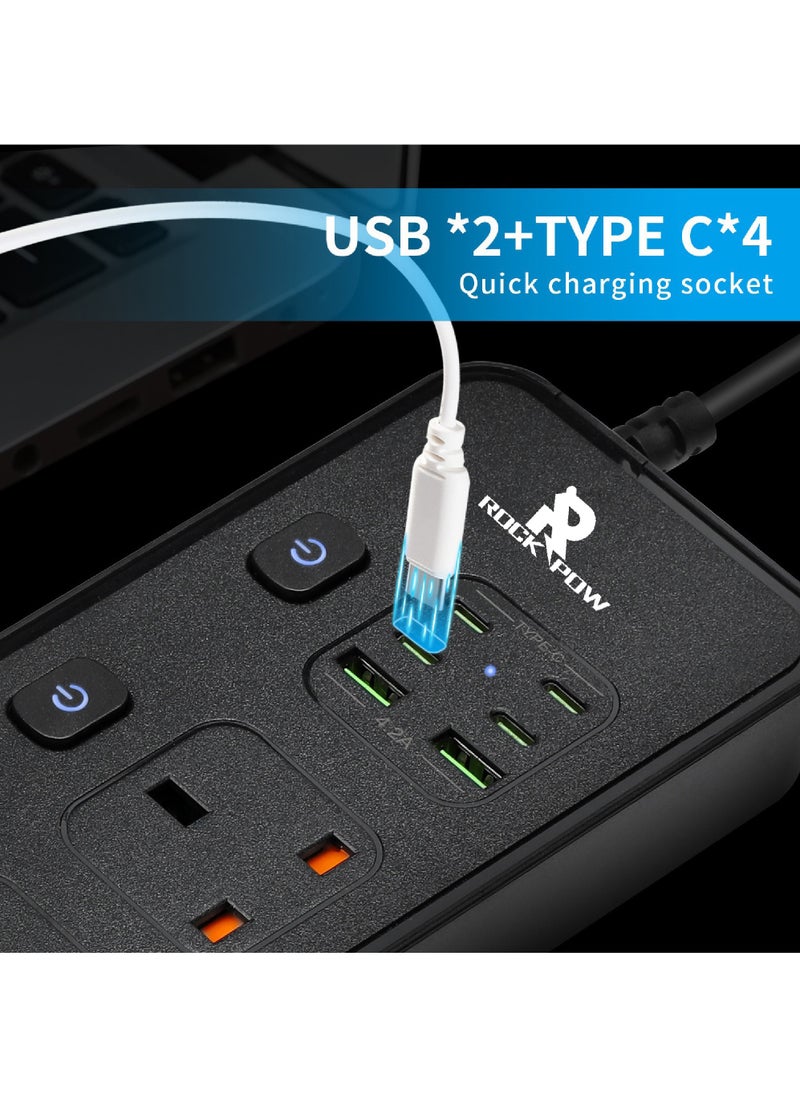 Rock Pow - Power Strips Extension Cord 4 Sockets Universal Plug Adapter with 4 USB C & 2 USB A Ports Surge Protector Charging Socket with 1.8M Bold Extension Cord (White) - Image 1