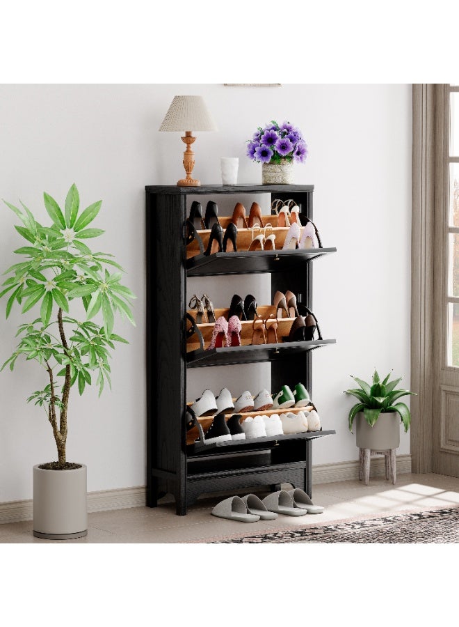 DOOHWAN 3-Tier Shoe Cabinet – Solid Wood Entryway Shoe Storage Organizer with Flip-Up Doors, Adjustable Shelves – Narrow Freestanding Shoe Cabinets for Hallway – Space-Saving Design - Image 1