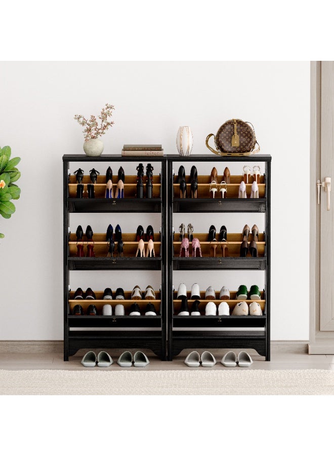 DOOHWAN 3-Tier Shoe Cabinet – Solid Wood Entryway Shoe Storage Organizer with Flip-Up Doors, Adjustable Shelves – Narrow Freestanding Shoe Cabinets for Hallway – Space-Saving Design - Image 3