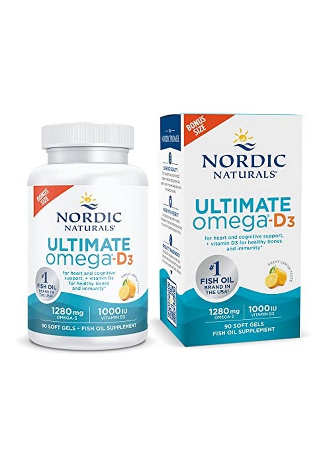 NORDIC NATURALS - Ultimate Omegad3 Lemon Flavor 90 Soft Gels 1280 Mg Omega3 + 1000 Iu Vitamin D3 Omega3 Fish Oil Epa & Dha Promotes Brain Heart Joint & Immune Health 45 Servings - Image 1