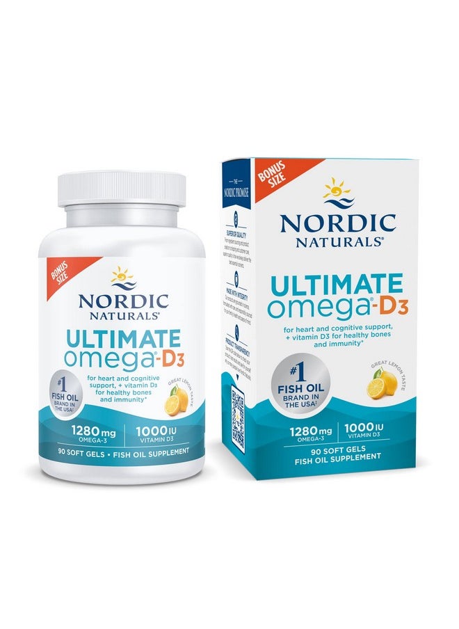 NORDIC NATURALS - Ultimate Omegad3 Lemon Flavor 90 Soft Gels 1280 Mg Omega3 + 1000 Iu Vitamin D3 Omega3 Fish Oil Epa & Dha Promotes Brain Heart Joint & Immune Health 45 Servings - Image 1