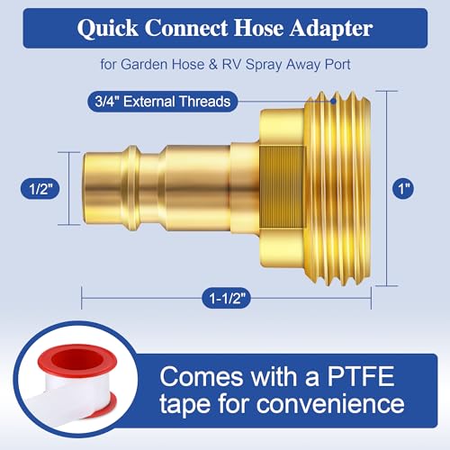 Dreyoo Quick Connector Hose Adapter Compatible with PF247007, 1/2" Quick Connector for 3/4" Garden Hose RV Spray Port Outlet and Spray Away, Connectors Adapter with PTFE Tape, Brass(1 Pack) - Image 2