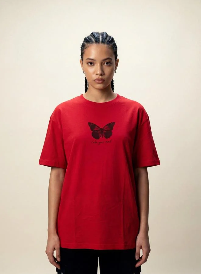 تايك تو Red Butterfly Print Round Neck Oversized T-Shirt By Reprise