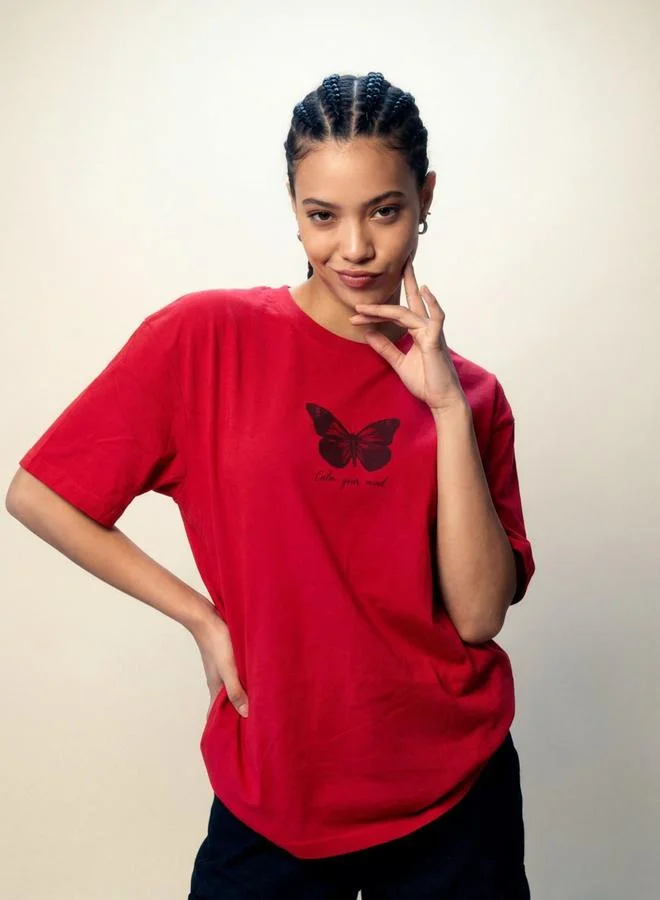 تايك تو Red Butterfly Print Round Neck Oversized T-Shirt By Reprise