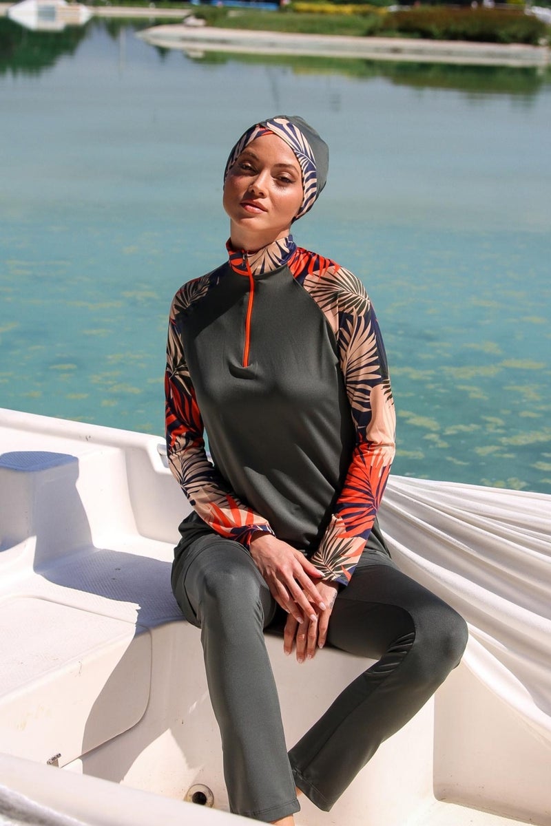 Marina Khaki Women's Pattern Detailed Design Hijab Swimsuit M2229  - Image 1
