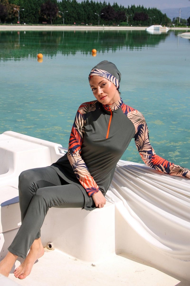 Marina Khaki Women's Pattern Detailed Design Hijab Swimsuit M2229  - Image 3