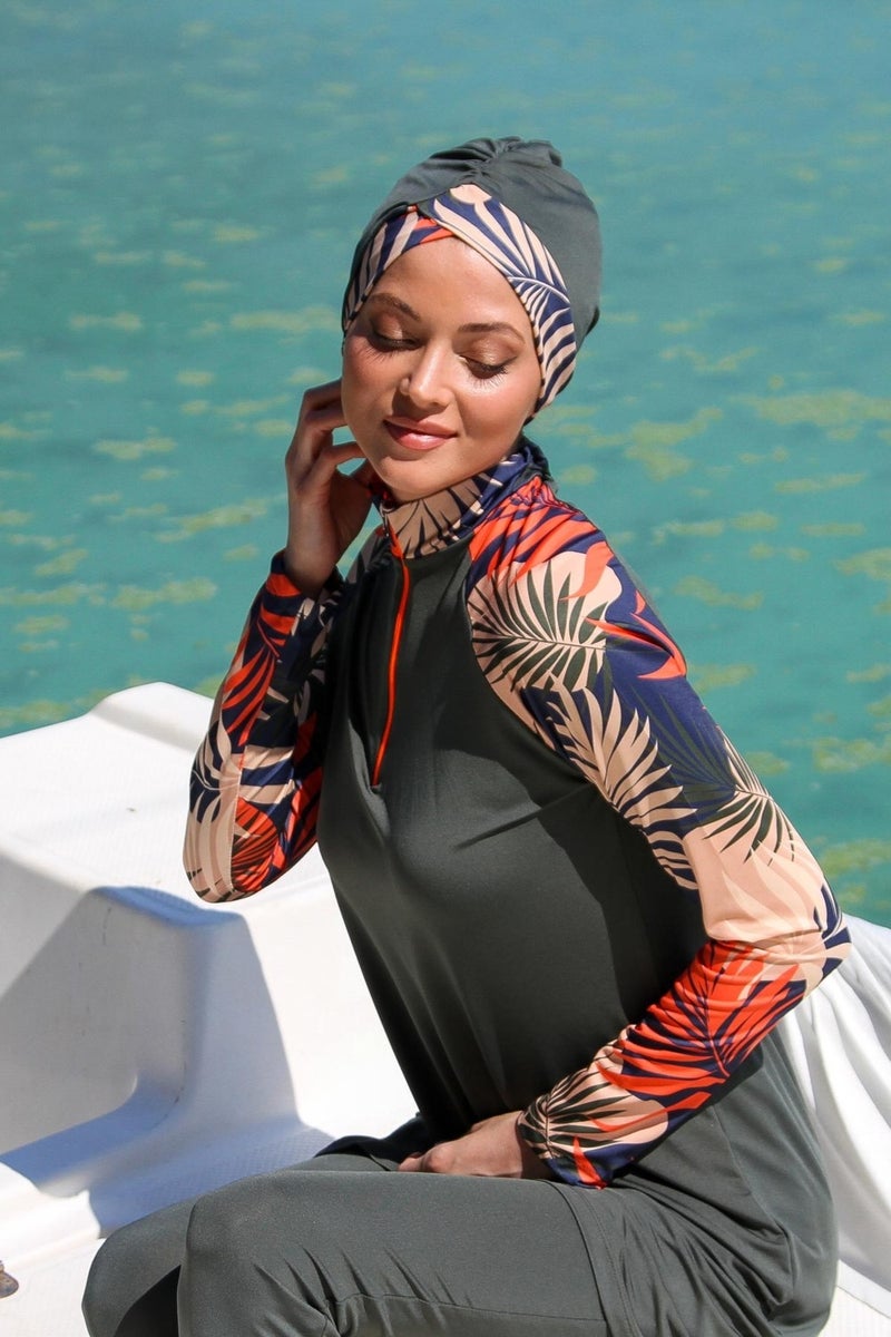 Marina Khaki Women's Pattern Detailed Design Hijab Swimsuit M2229  - Image 5