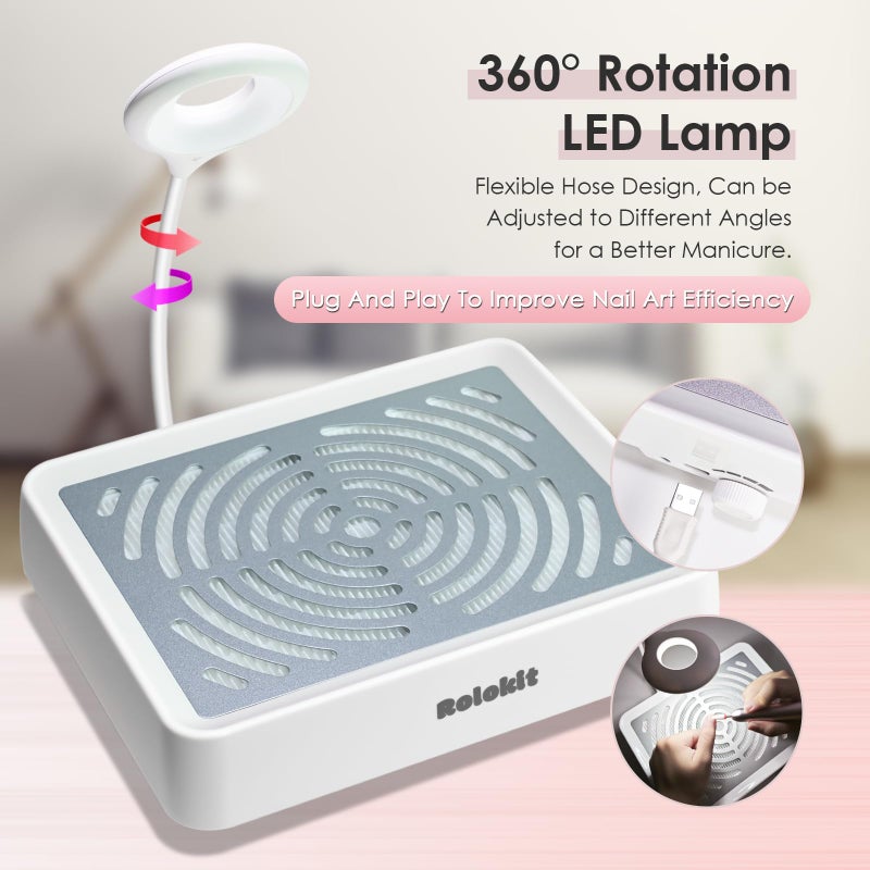 Rolokit Nail Dust Collector with Lamp&50pcs Disposable Filter&Dusting Brush, Electric Nail Vacuum Cleaner Dust Fan Suction Machine for Manicure Acrylic Gel Nails Polishing, Low Noise,Salon Home - Image 2