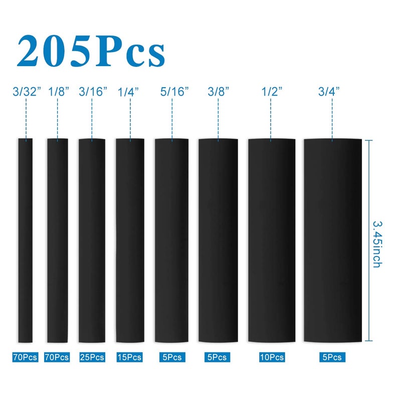 XHF 205 PCS Length 3.5" Black 3:1 Heat Shrink Tubing Assortment Kit Large Size Marine Grade Adhesive Lined Waterproof Automotive Electrical Tube, Insulation Sealing - Image 5