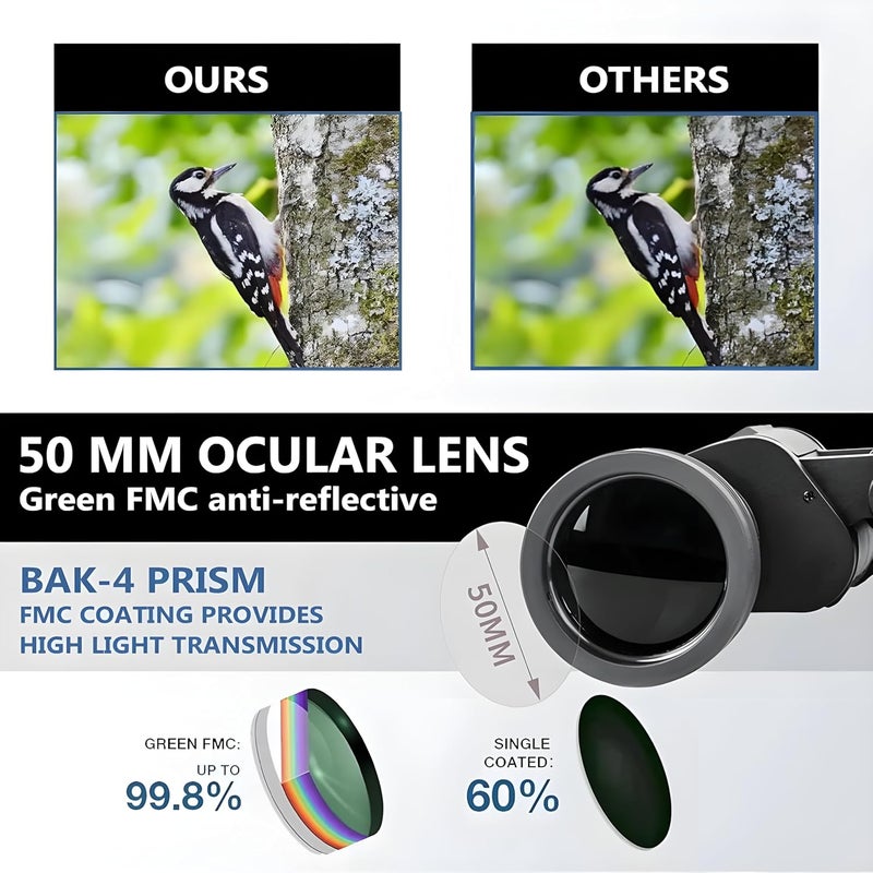 GHIME Binoculars for Long Distance, 7x50 Ultra HD Binocular for Bird Watching, Wildlife and Range 2000 Meter with Phone Adapter, Storage Bag, Wide Eyepiece and Bright BAK 4 Glass - Image 3