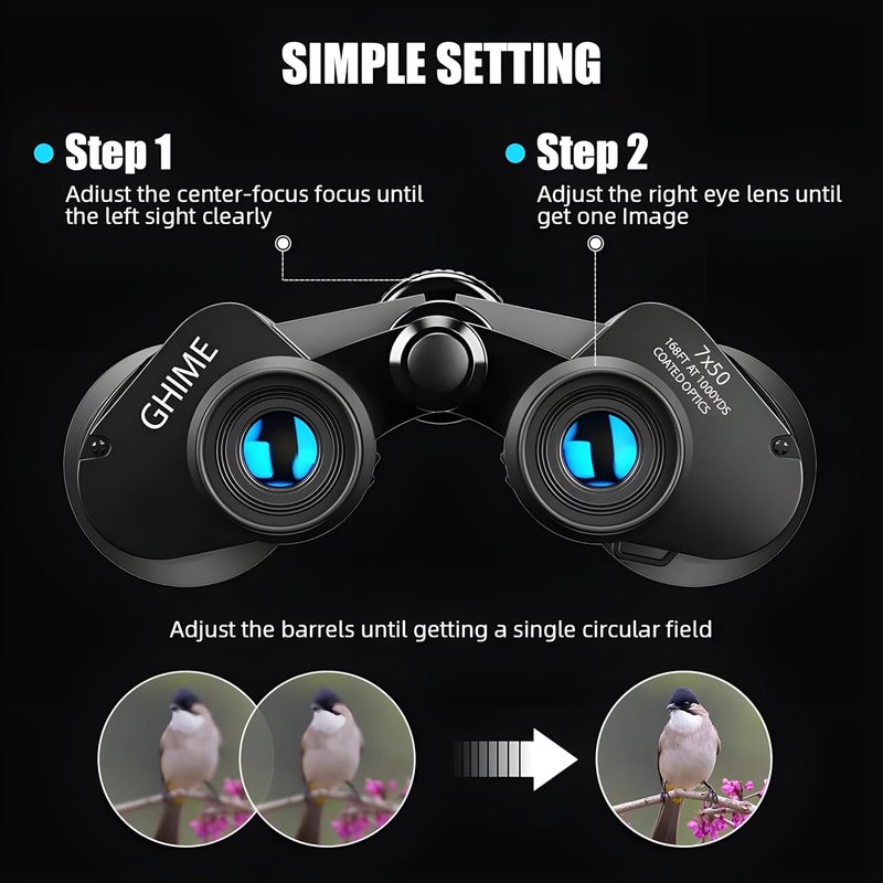 GHIME Binoculars for Long Distance, 7x50 Ultra HD Binocular for Bird Watching, Wildlife and Range 2000 Meter with Phone Adapter, Storage Bag, Wide Eyepiece and Bright BAK 4 Glass - Image 4