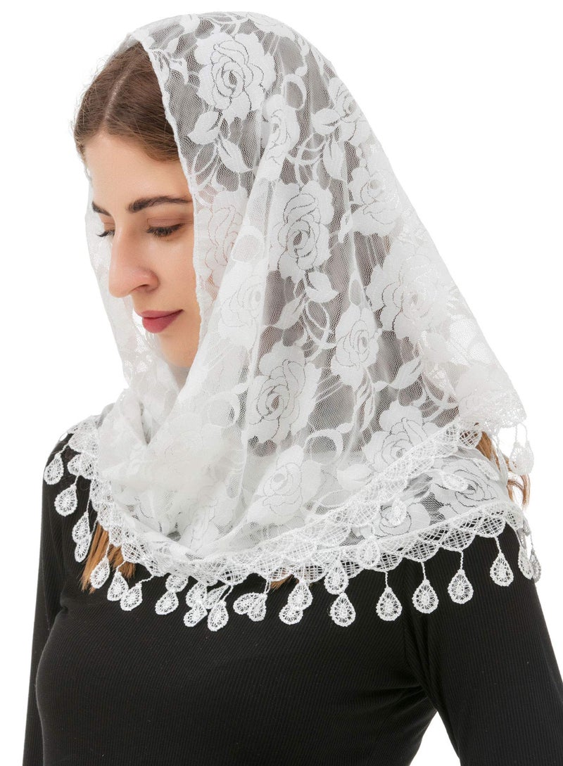 PAMOR Mass Veil Triangle Mantilla Cathedral Head Covering Chapel Veil Lace Shawl Latin Scarf (White) - Image 2