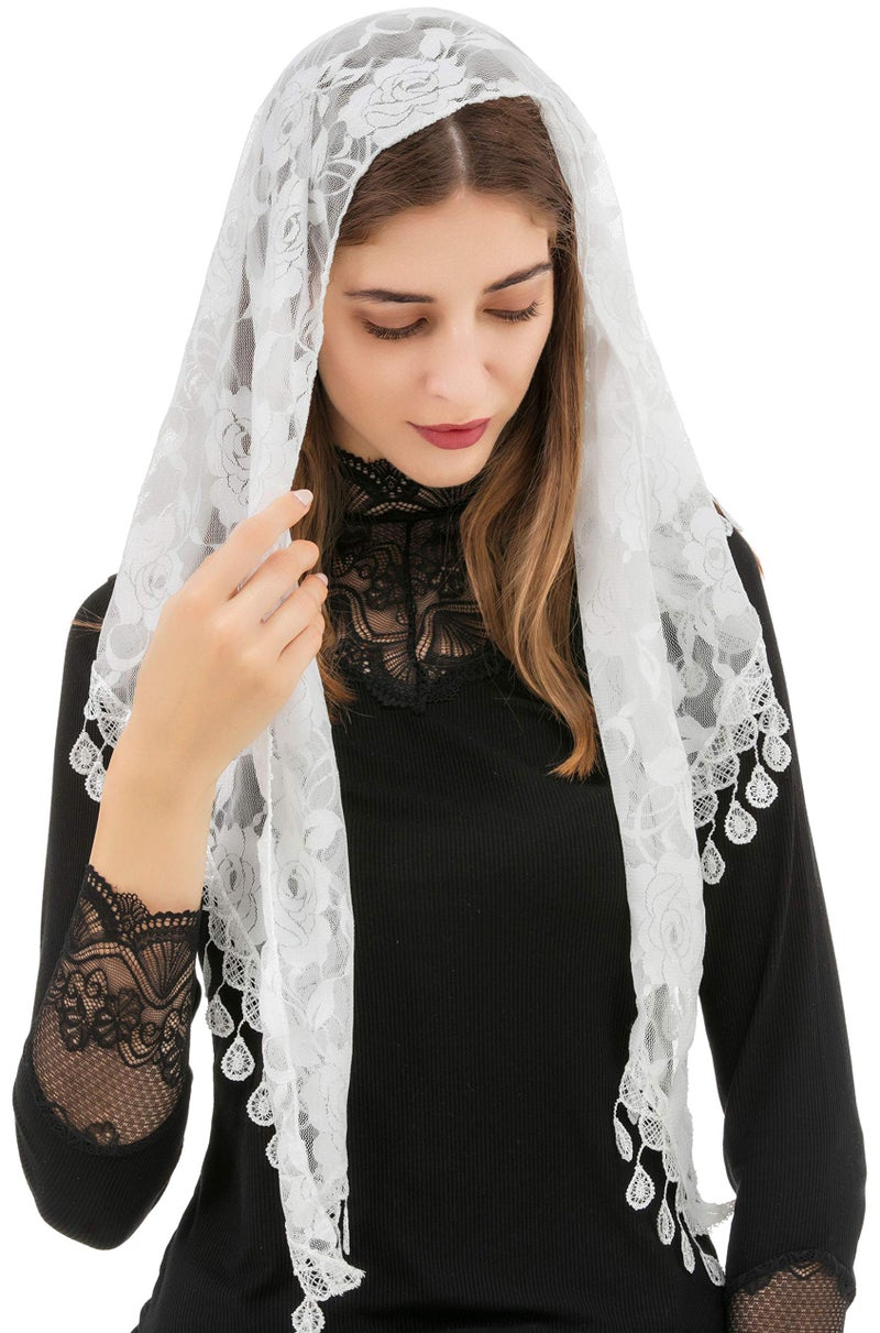 PAMOR Mass Veil Triangle Mantilla Cathedral Head Covering Chapel Veil Lace Shawl Latin Scarf (White) - Image 3